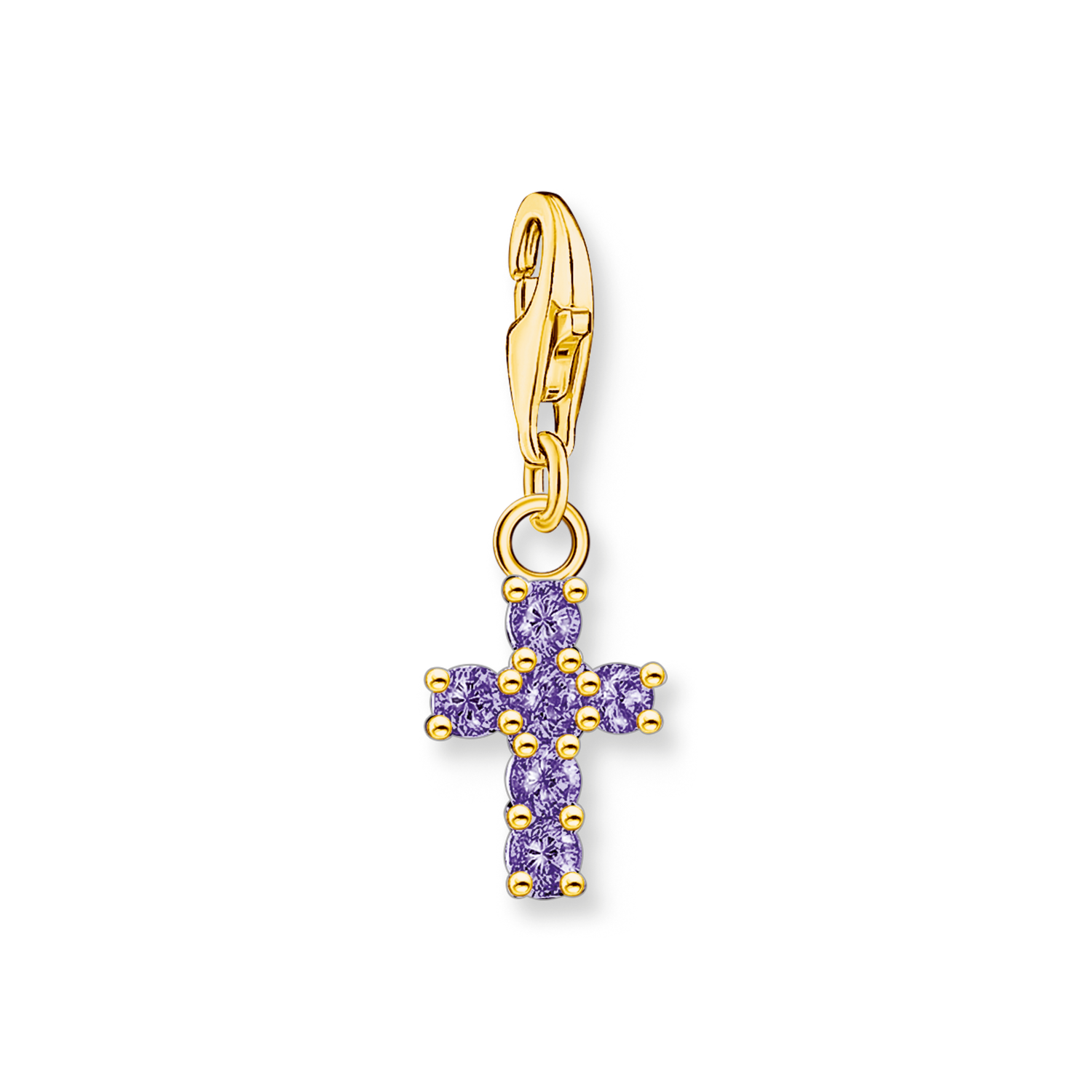 Charm pendant cross with amethyst-coloured stones yellow-gold plated