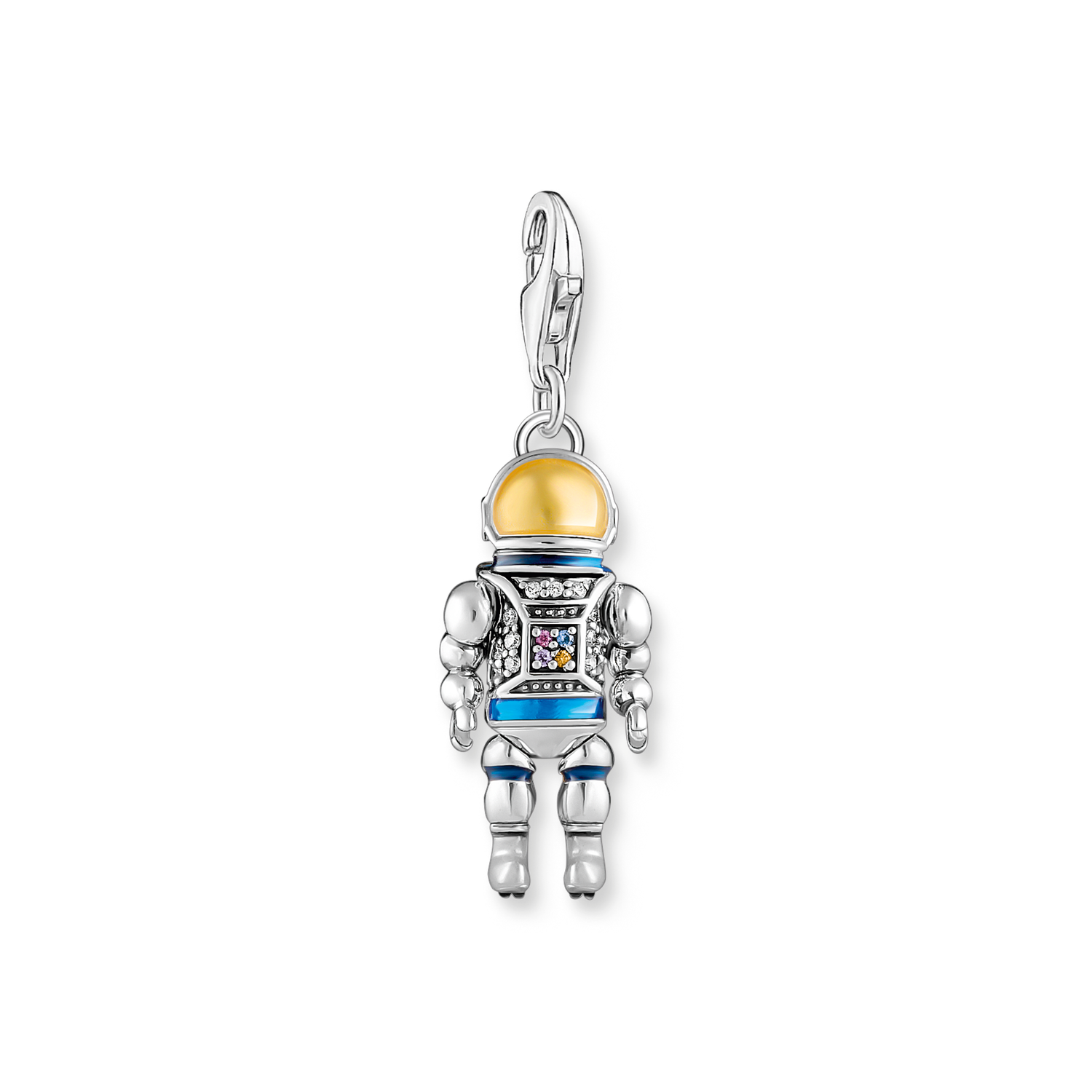 Charm pendant astronaut with stones and cold enamel silver blackened