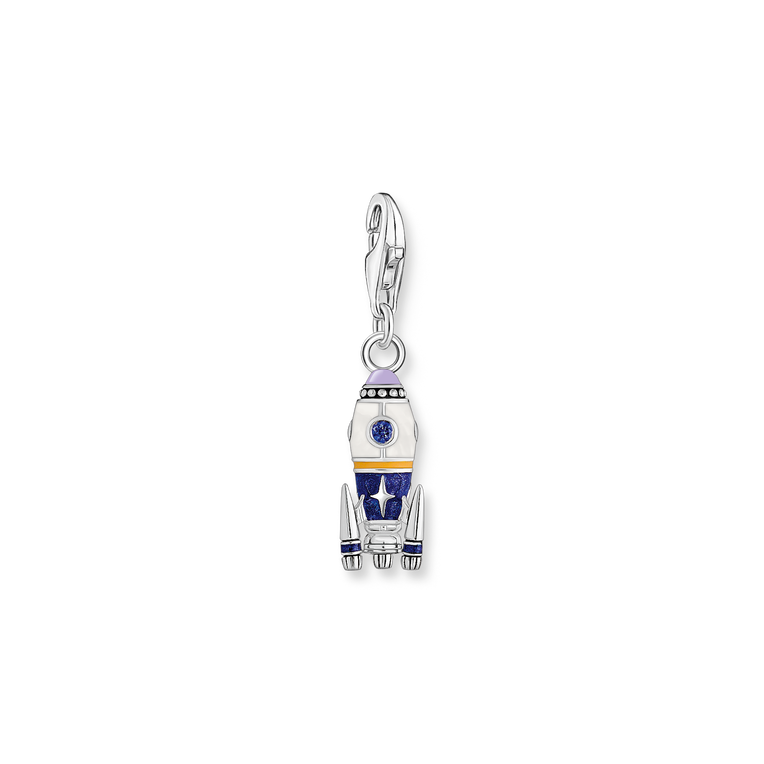 Charm pendant rocket with colourful cold enamel and various stones silver