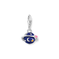 Charm pendant Saturn with dark blue cold enamel and fine details silver