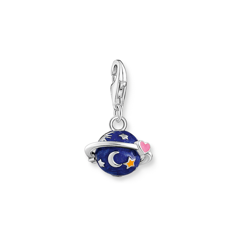 Charm pendant Saturn with dark blue cold enamel and fine details silver