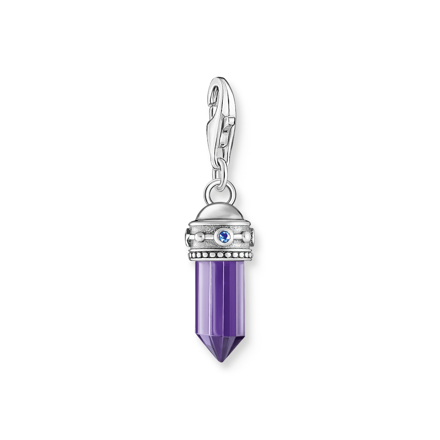 Charm pendant hexagon with imitation amethyst and fine symbols silver