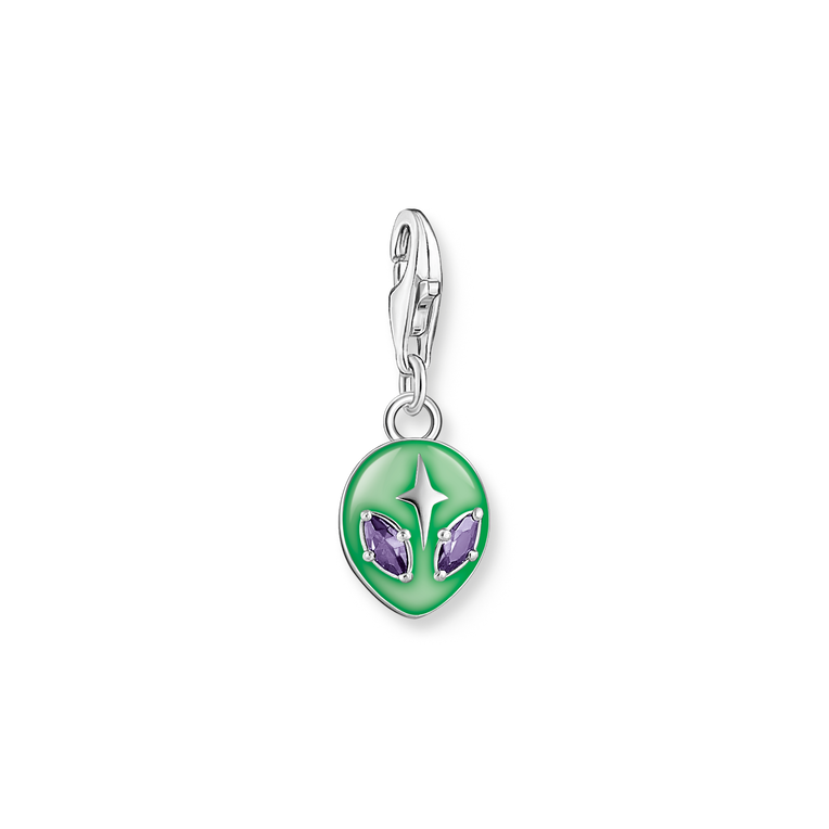 Charm pendant alien with green cold enamel and white zirconia silver