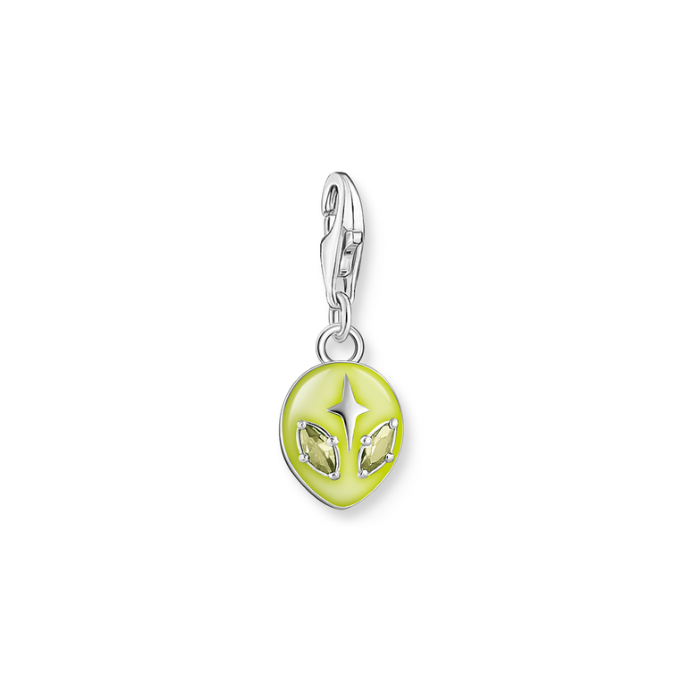 Charm pendant alien with yellow cold enamel and green zirconia silver