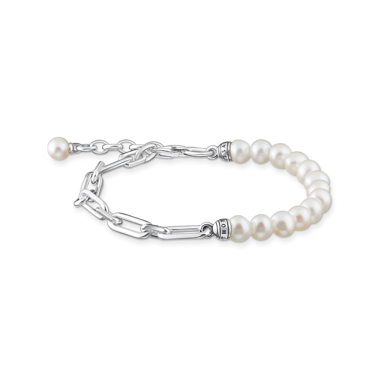 bracelet925 Sterling silver, blackened/ freshwater pearl/ zirconiawhite
