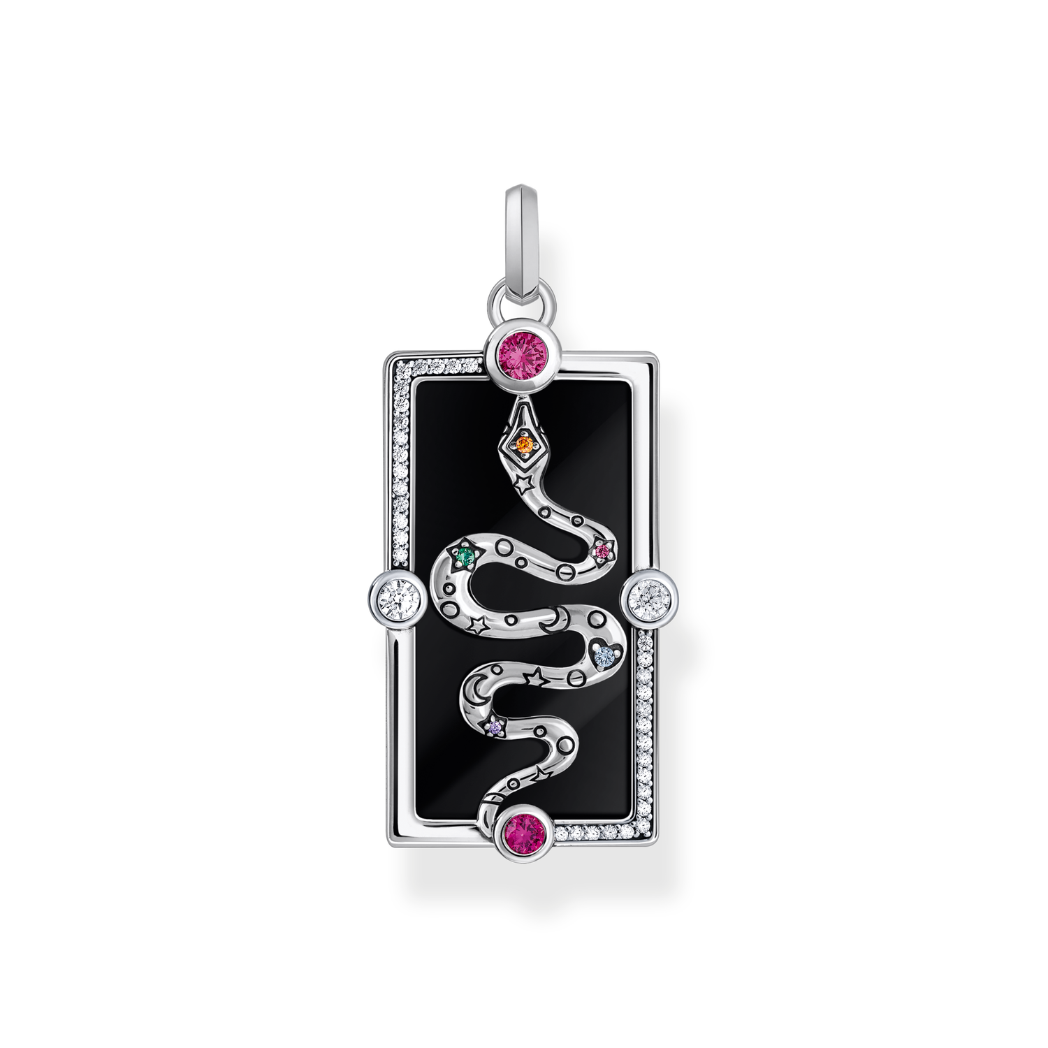 Silver pendant with a snake, black cold enamel and various stones
