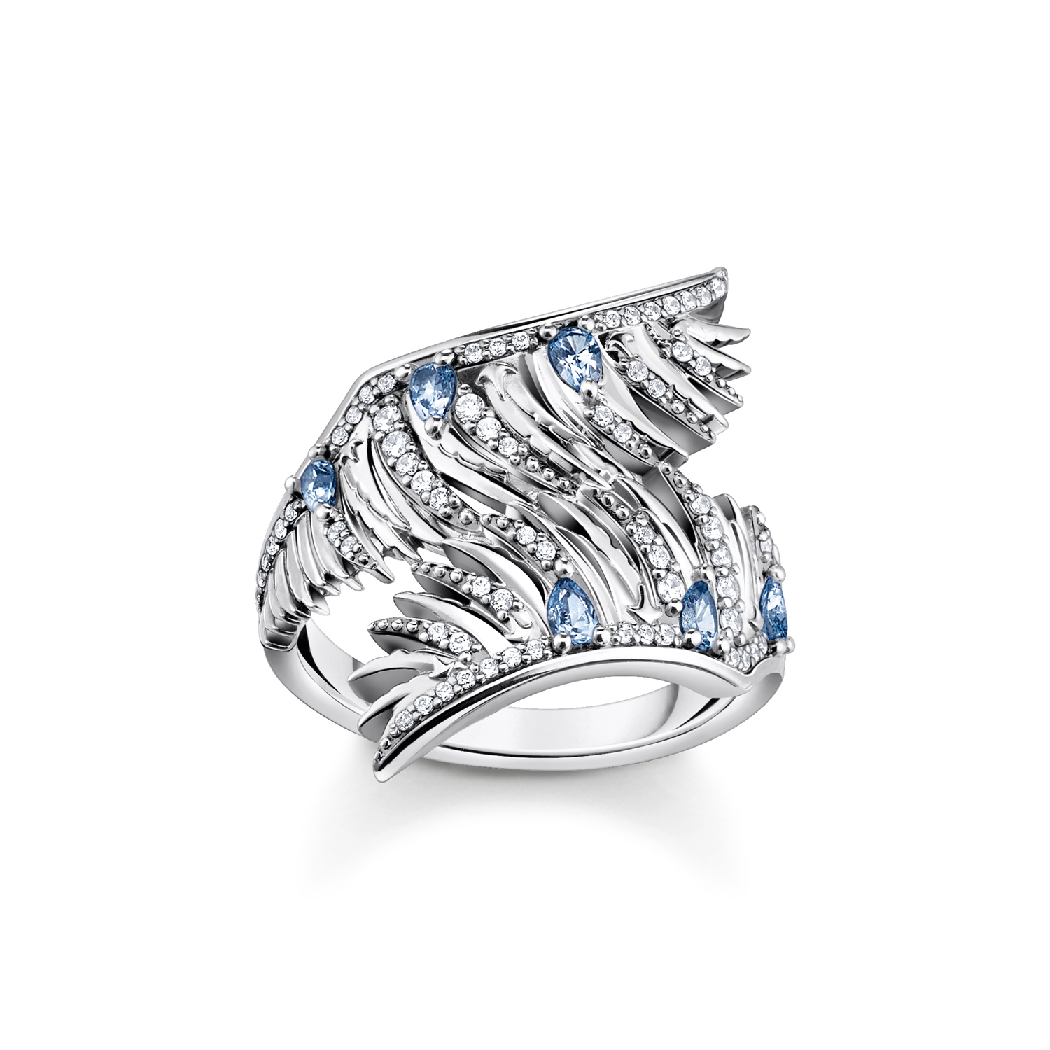 Anillo alas de fénix con piedras azules plata