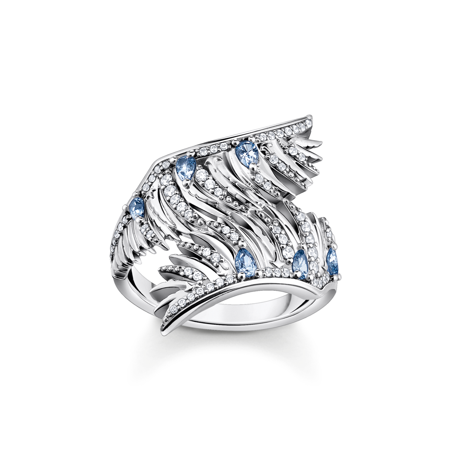 Anillo alas de fénix con piedras azules plata