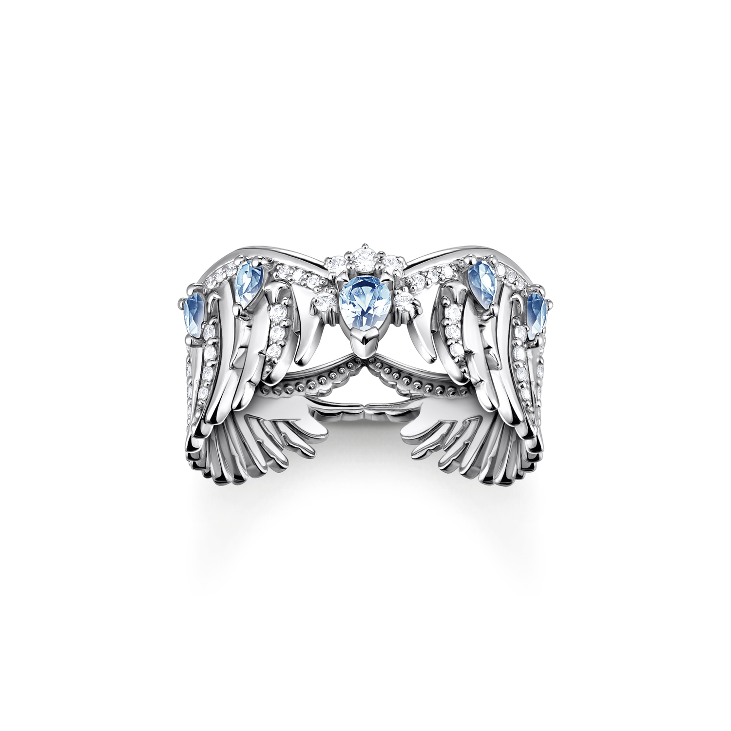 Anillo alas de fénix con piedras azules plata