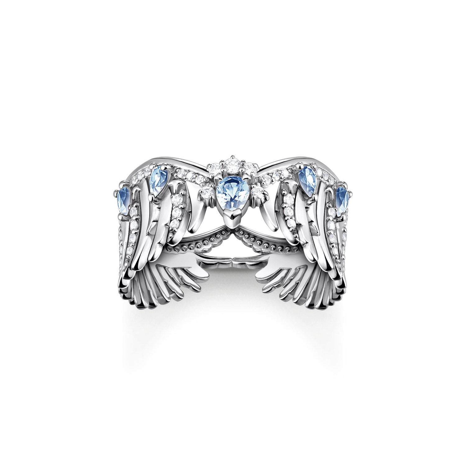 Anillo alas de fénix con piedras azules plata